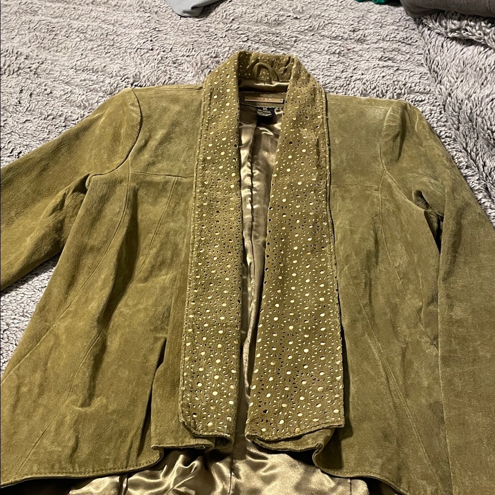 IMAN Olive Green Suede Open-Front Blazer with Embellished Collar 💯 leather - Picture 6 of 8
